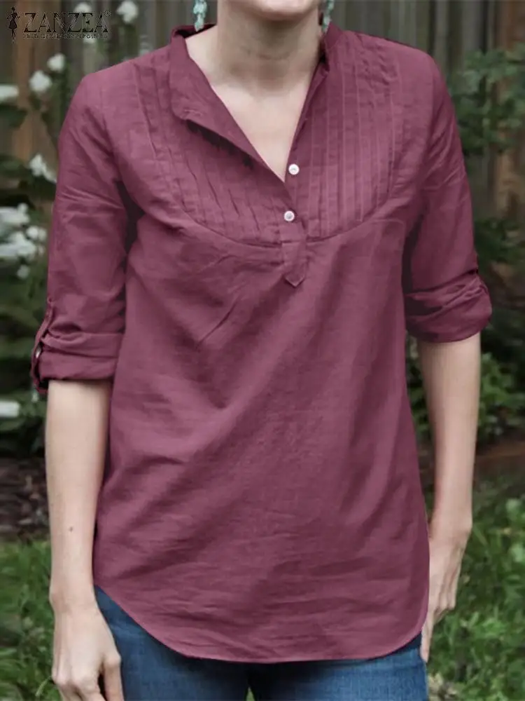 

Женская элегантная рубашка из органической кожи 2023 ZANZEA, модная плиссированная блуза с длинным рукавом, осенняя Повседневная однотонная туника, топы, женские свободные блузы, сорочка