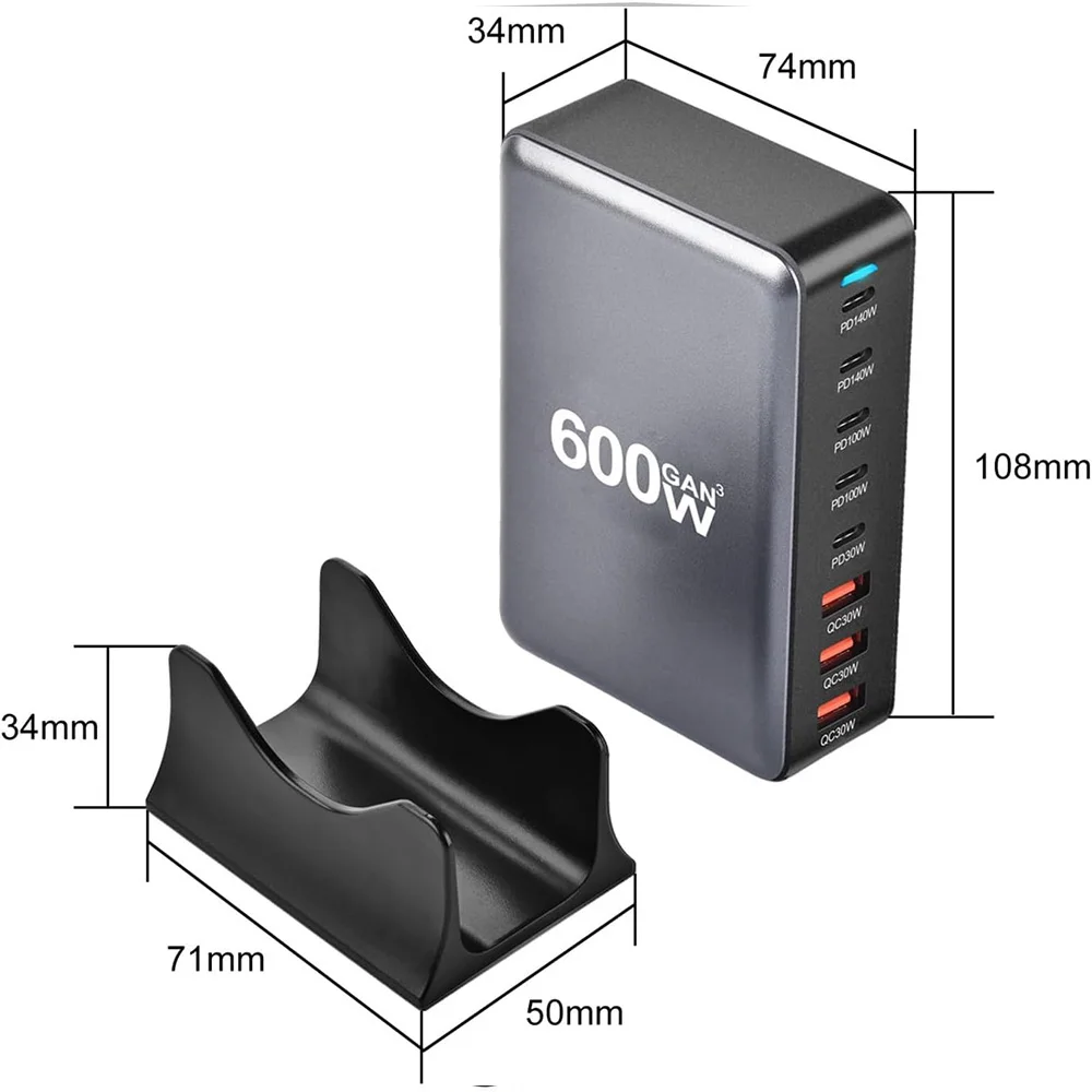 Популярное зарядное устройство GaN USB C мощностью 600 Вт 8-портовая станция быстрой