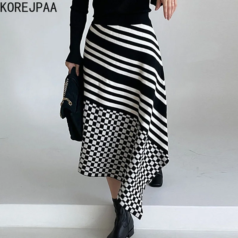 

Korejpaa Spring Hit Color Striped Plaid Skirts Womens Korean Chic Irregular High Waist Knitted Skirt Female Casual Bottoms