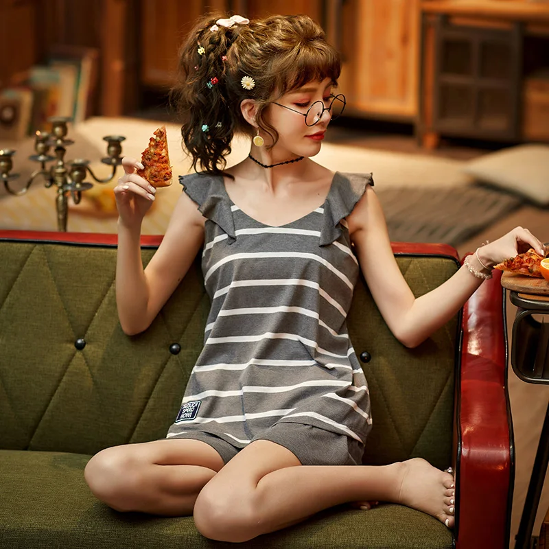 Летние вязаные хлопковые жилет для пары пижамный комплект свободная мягкая