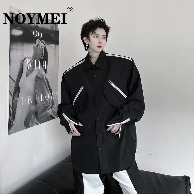 

NOYMEI 2023 Autumn Contrast Color Zipper Decoration Loose Men's Long Sleeve Shirt Chic Loose Korean Style Male Top Lapel WA2271