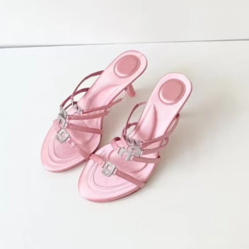 Women's Slippers 2023 Summer New High Heel Fashion Banquet Ribbon Silk Rhinestone Letter Thin Heel Open Toe Slippers