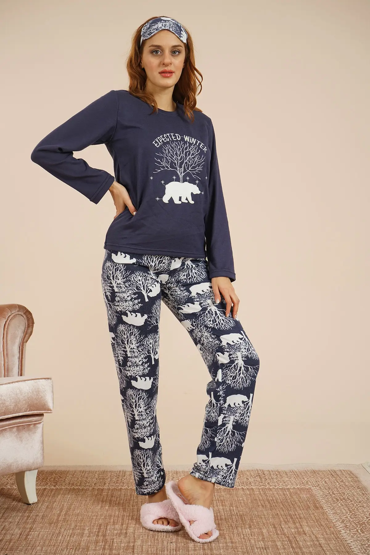 

Women's Pajamas Navy Blue Sleep Lounge Pajamas Elastic Waist Nightwear Retro Sleepwear Night Suit Casual Home Clothing