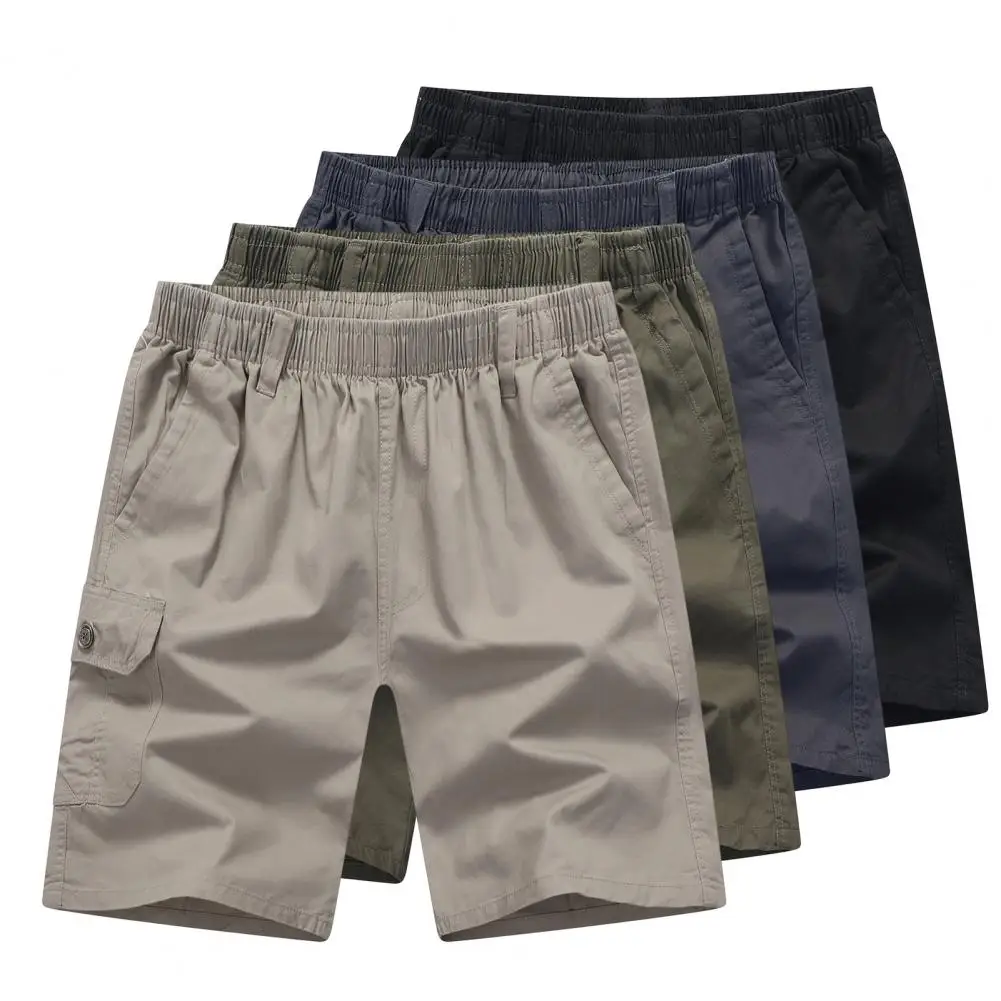 

New Men Shorts Mid-rise Elastic Waistband Pockets Mid-aged Father Casual Wide Leg Shorts