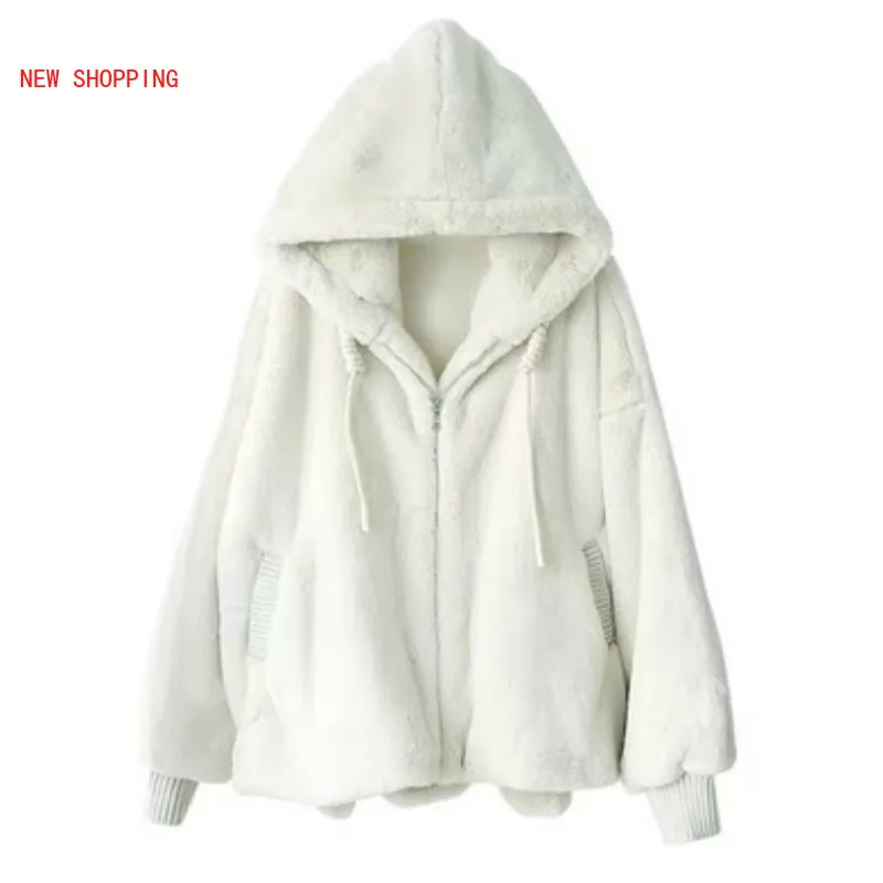 2021 New Faux Fur Imitation Fur Women Coat Hooded Short Casual Oversized Soft White Mink Coat Fake Rabbit Fur Coat Fashion Women