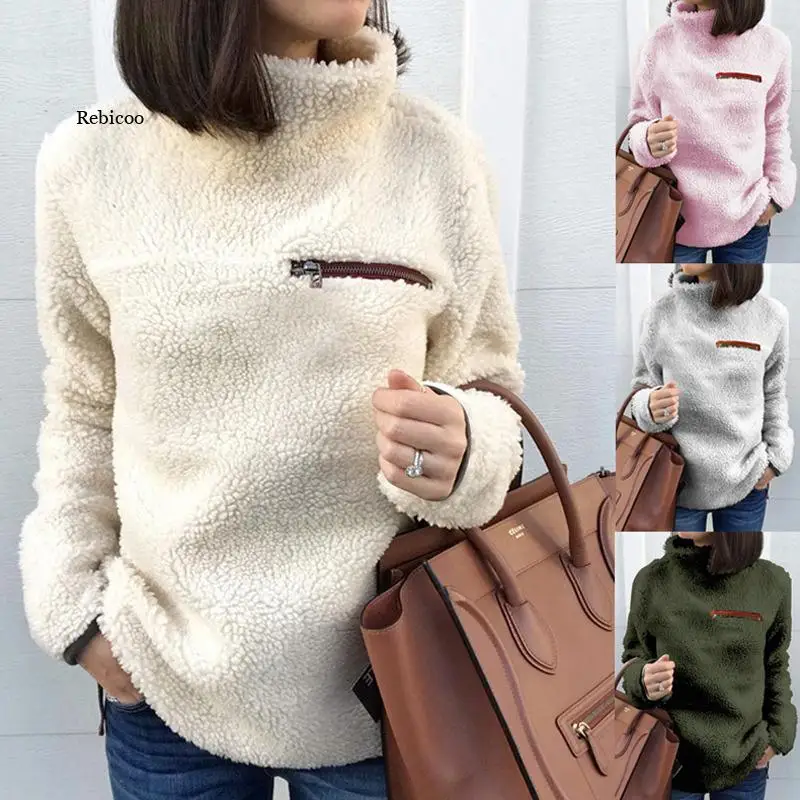 Women Sweatshirts Autumn Winter Top Long Sleeve Plush Warm Pullover Tunic Female Pink Ladies Clothing Zipper Streetwear