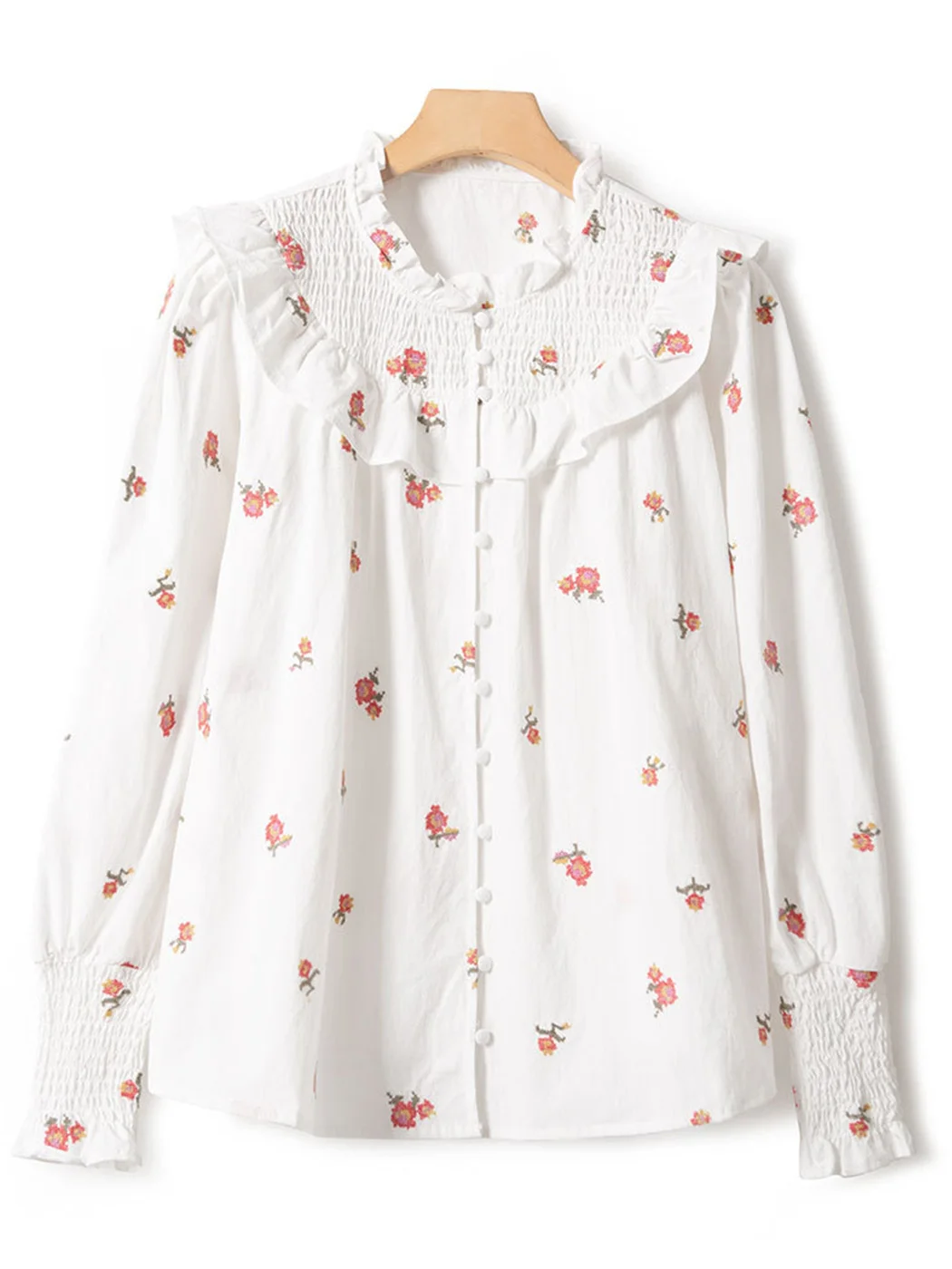 

2022 Spring Elegant Floral Embroidery Blouses Women Ruffle O Neck Single Breasted Long Sleeve White Shirts Female Vintage Blusas