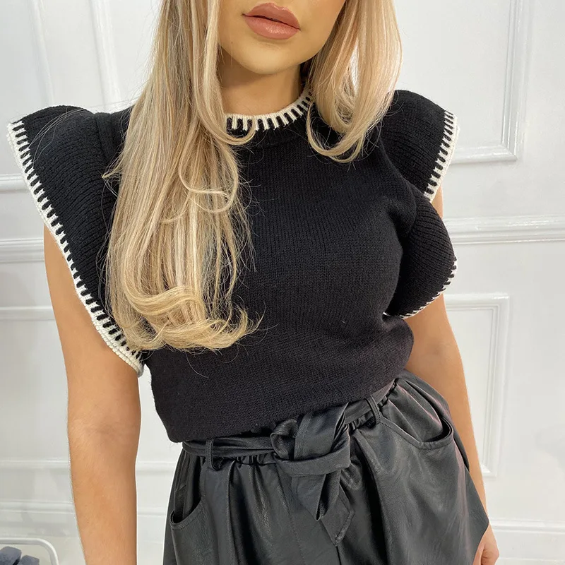 

Women Sweater Short Sleeve Summer Tops Ruffle Striped Loose Crew Neck Light Weight Soft Korean Style Shirts Knit Sweater