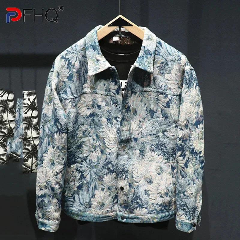 Рубашка PFHQ 21Z6006 Мужская демисезонная с цветочной вышивкой джинсовая куртка