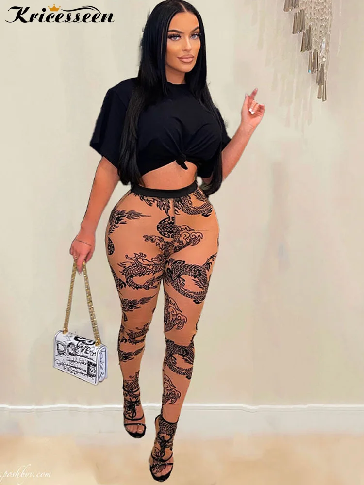 

Kricesseen Sexy Clubwear Two Pieces Pant Set Womens Short Sleeve T Shirt And Print Skinny Leggings Suit Ladies Trcksuits