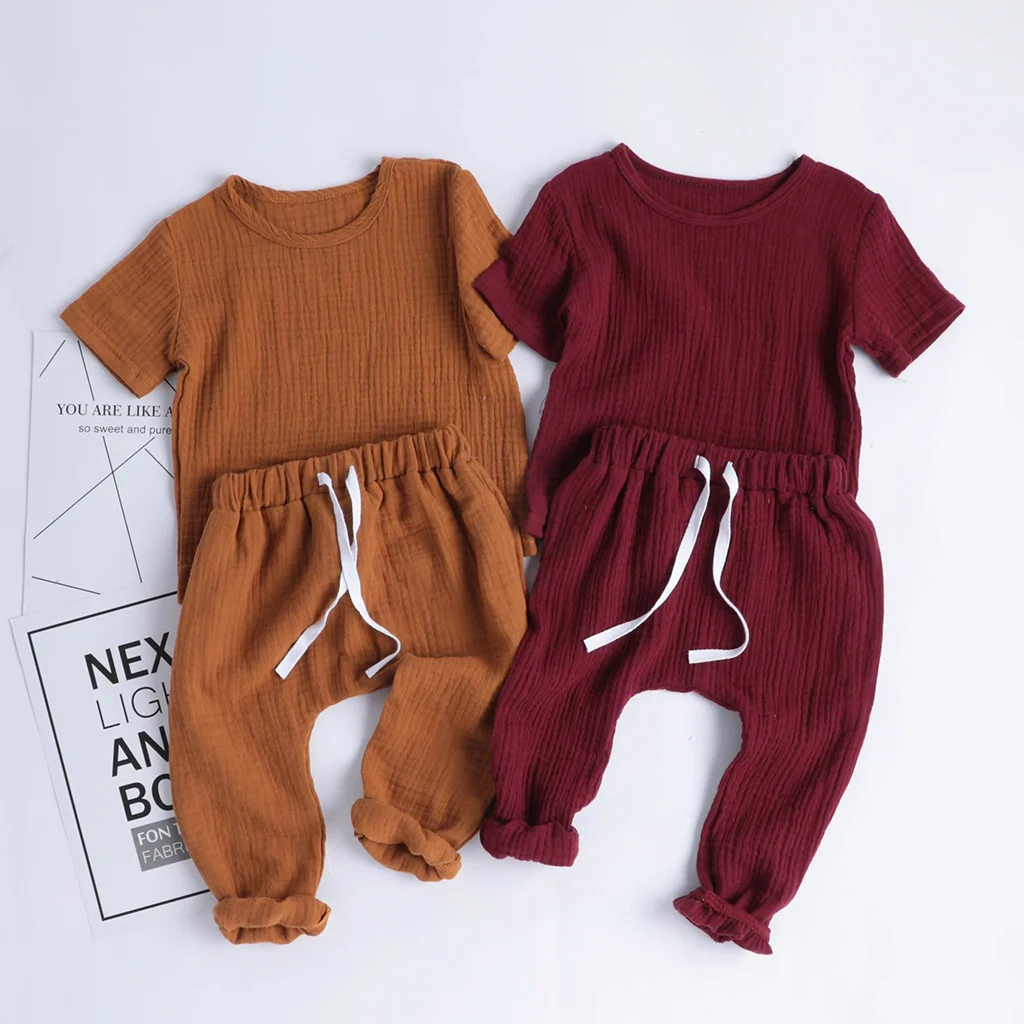 

Cotton Linen Casual Toddler Baby Girls Boys Clothes Set Solid Tops T-Shirts+Pants Kids Children Outfits Summer Home Clothes