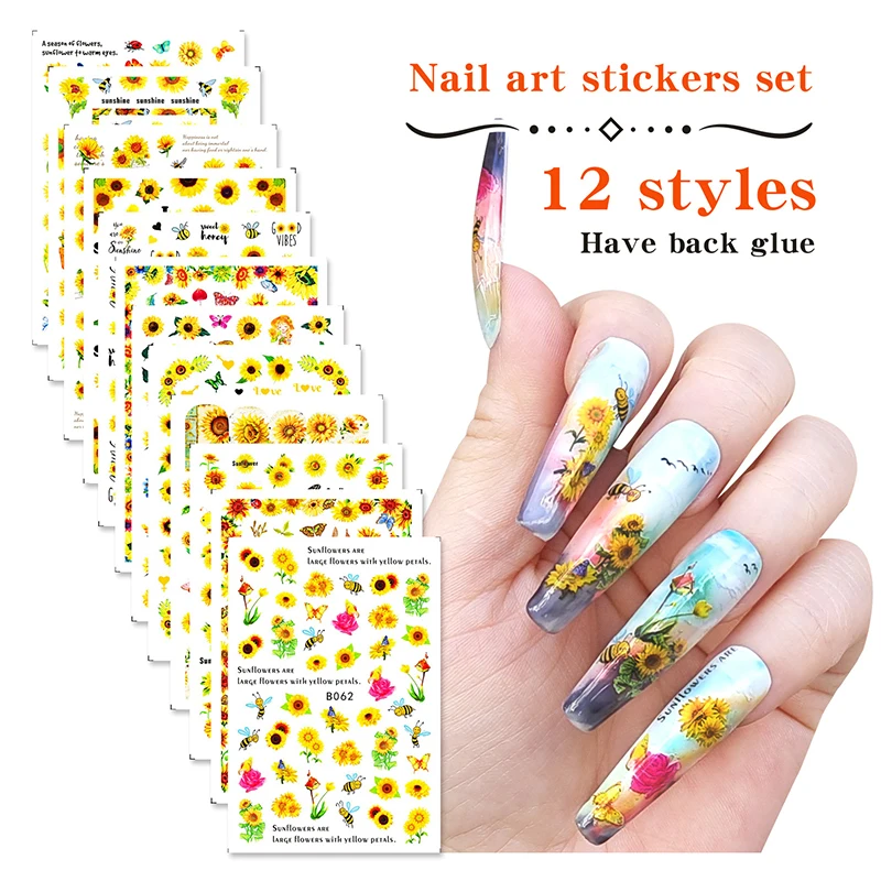 

1/12Pcs Sunflower Nail Sticker Yellow Flower Spring Butterfly Water Transfer Decal DIY Nail Art Watermark Manicure Design Decor