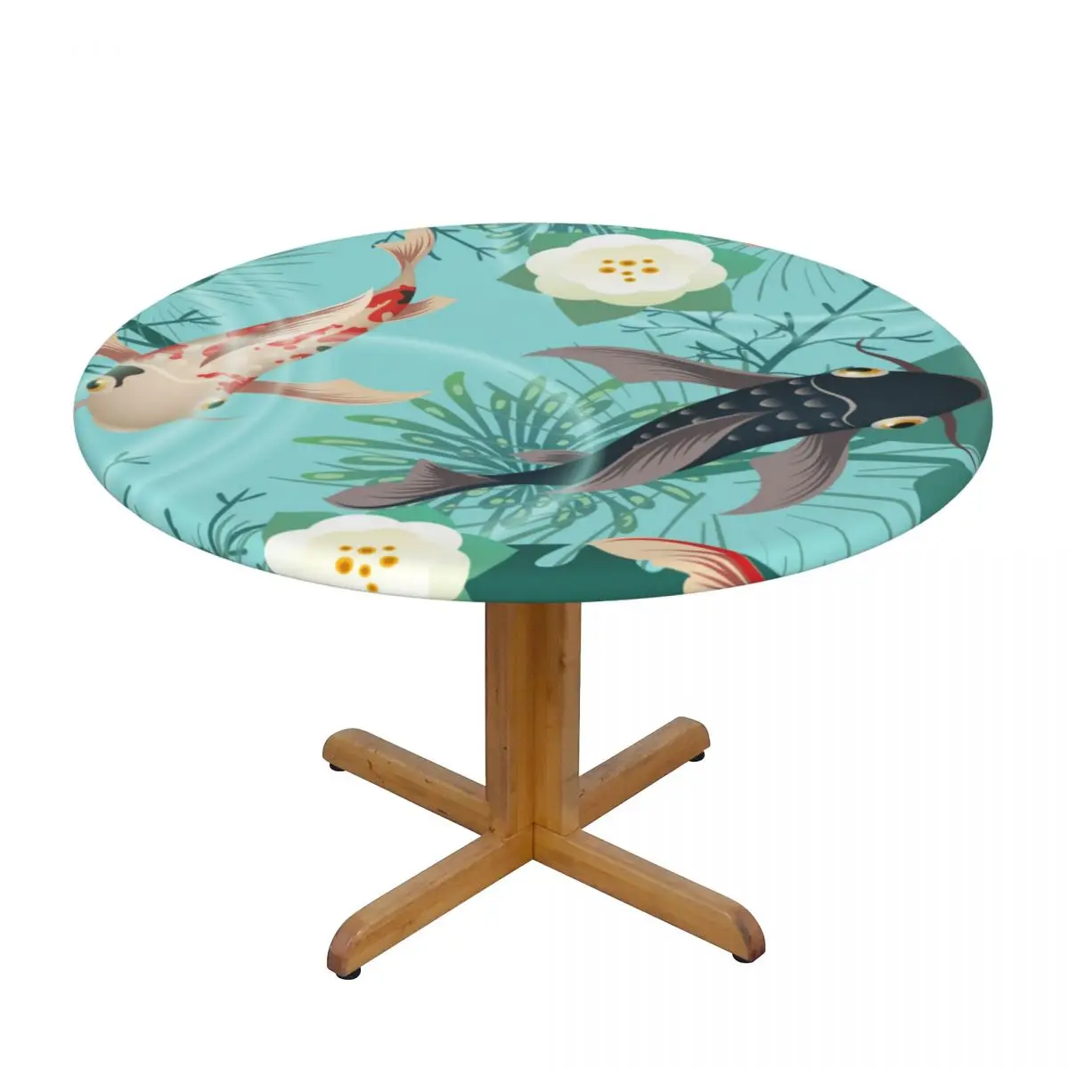 

Round Table Cover for Dining Table Elastic Tablecloth Koi Fish Monstera Leaves Pond Fitted House Hotel Decoration