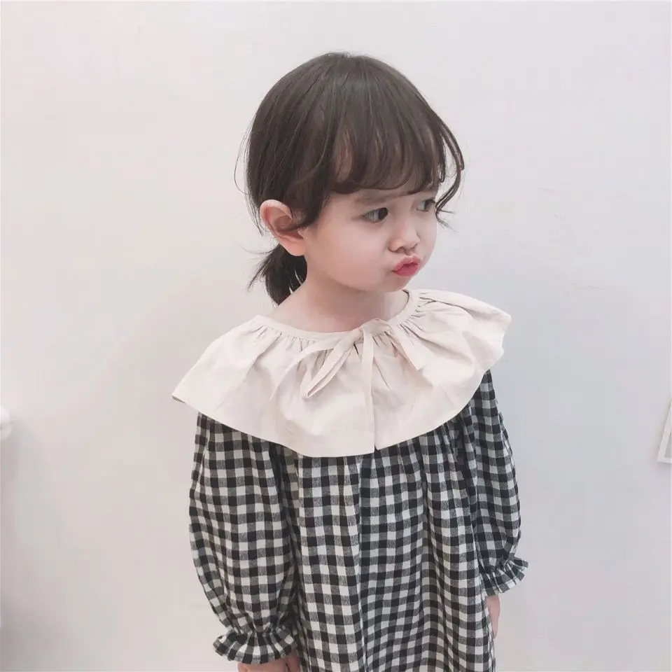 

Новинка весны, корейский стиль, платье с большим отворотом для девочек, детская рубашка с оборками для кукол, Детская клетчатая рубашка