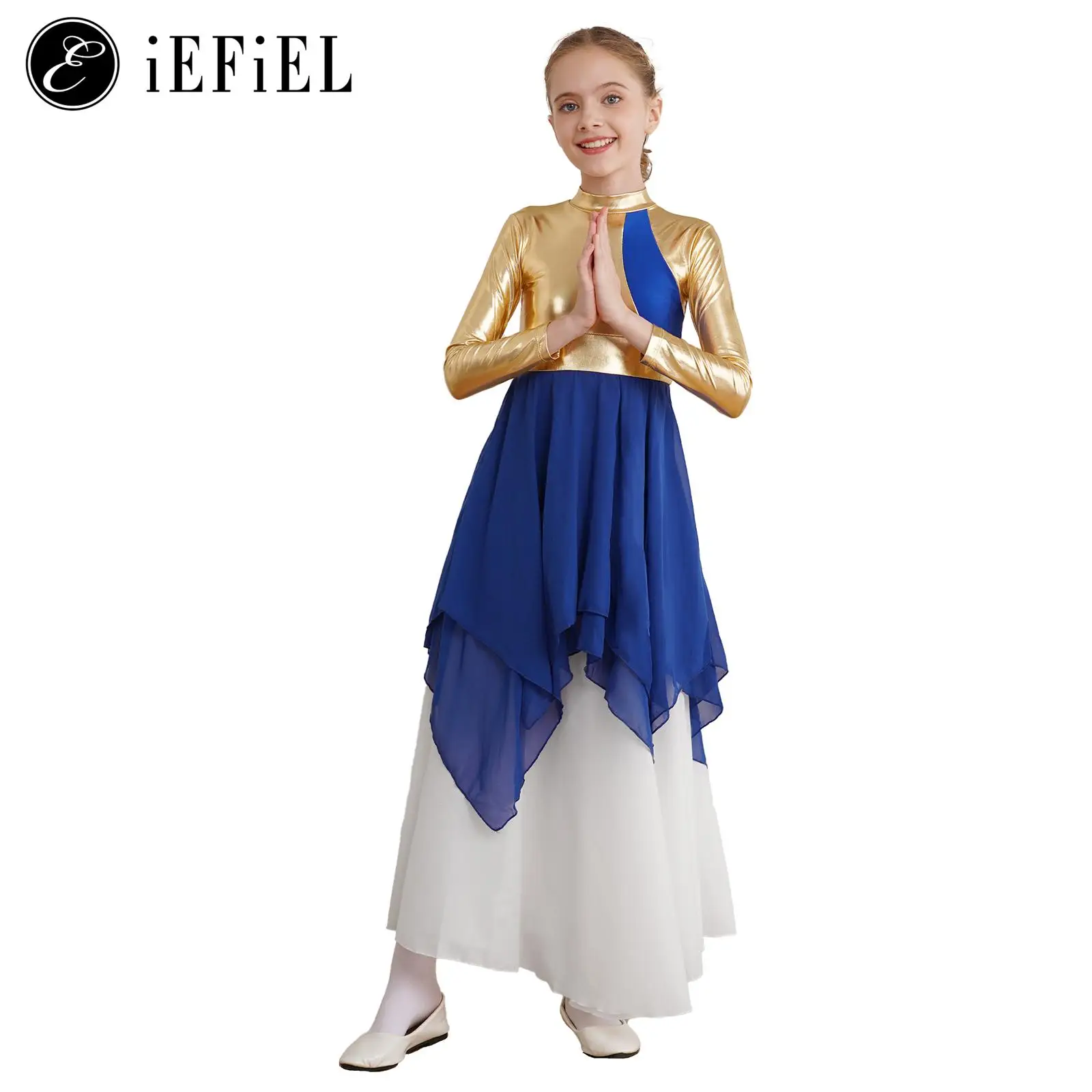 Блестящее металлическое платье для поклонения с длинными рукавами девочек