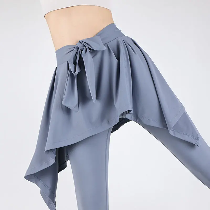 Yoga Sports Leggings High Waist Fake Two Pieces Lace Up Bow Knot Culottes Quick-drying Hip-lifting Running Fitness Pants Autumn