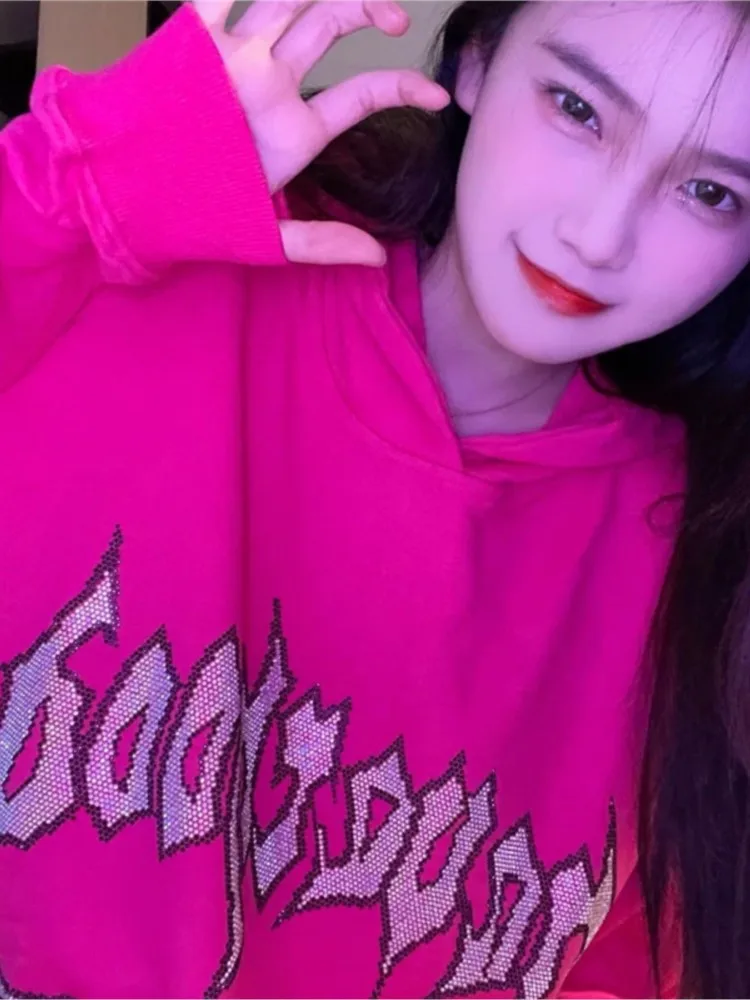 

Y2K Rhinestone Letter Gothic Print Hoodies Women Streetwear Winter Zip Up Sweatshirts Harajuku Fashion Punk Grunge Hoodies