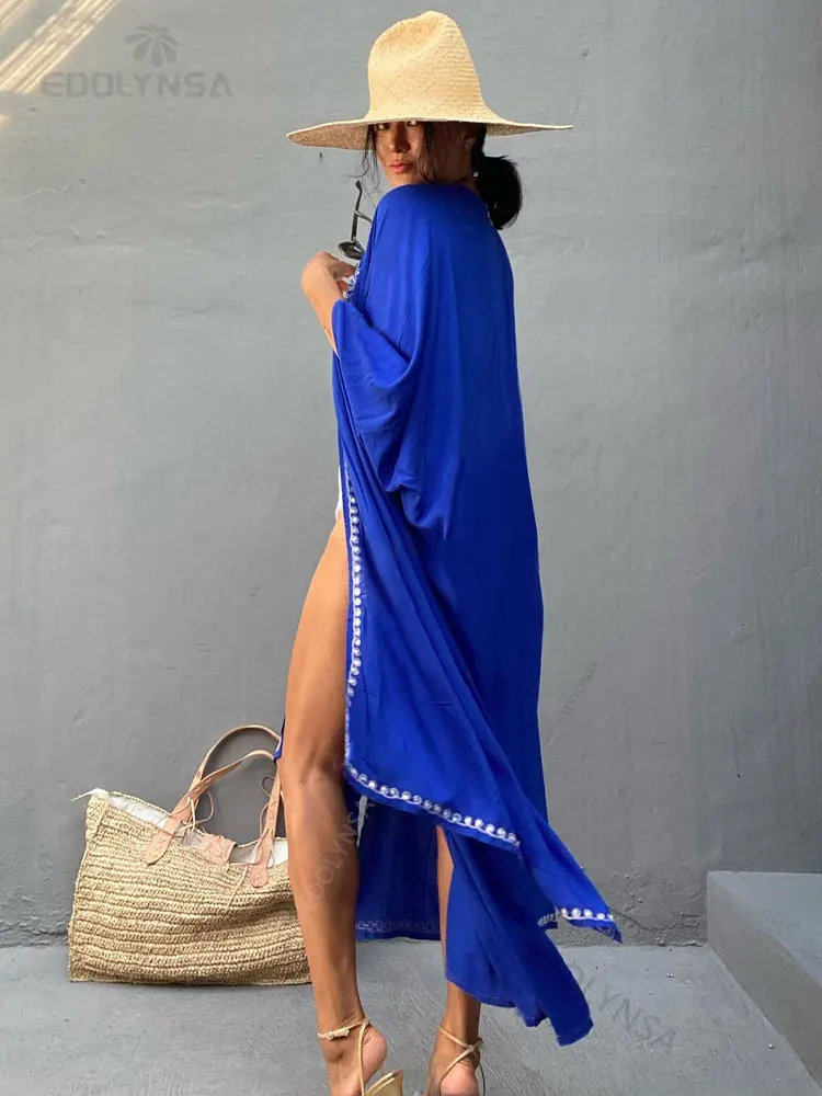 2022 синее сексуальное бикини накидки Ретро вышитое длинное кимоно платье Туника