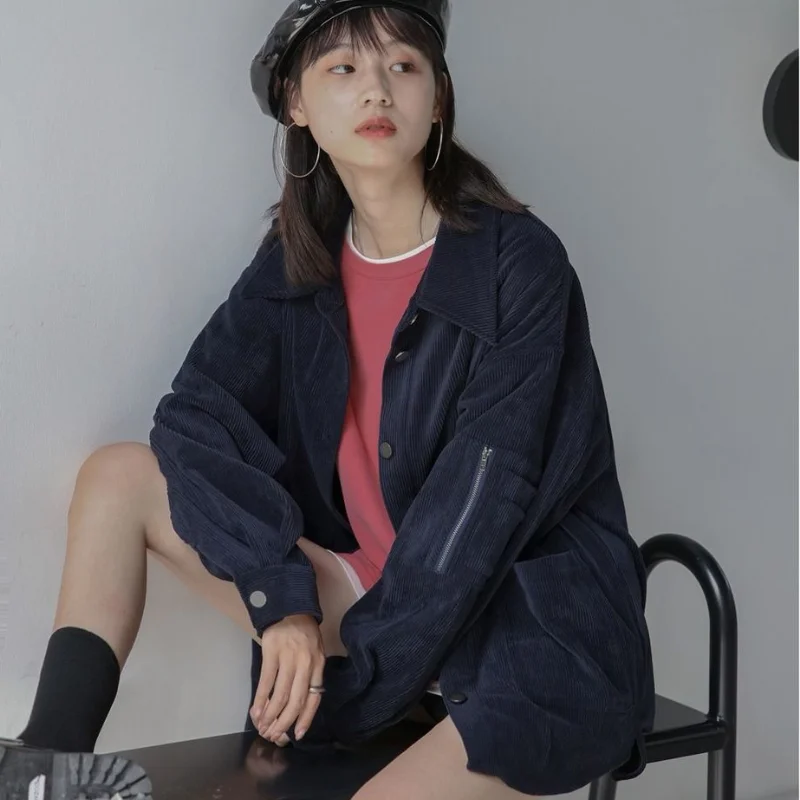 

Deeptown Red Vintage Corduroy Shirt Women Retro Punk Button Up Blouses 2021 Fashion Oversized Cardigan Zipper Pockets Coat Chic
