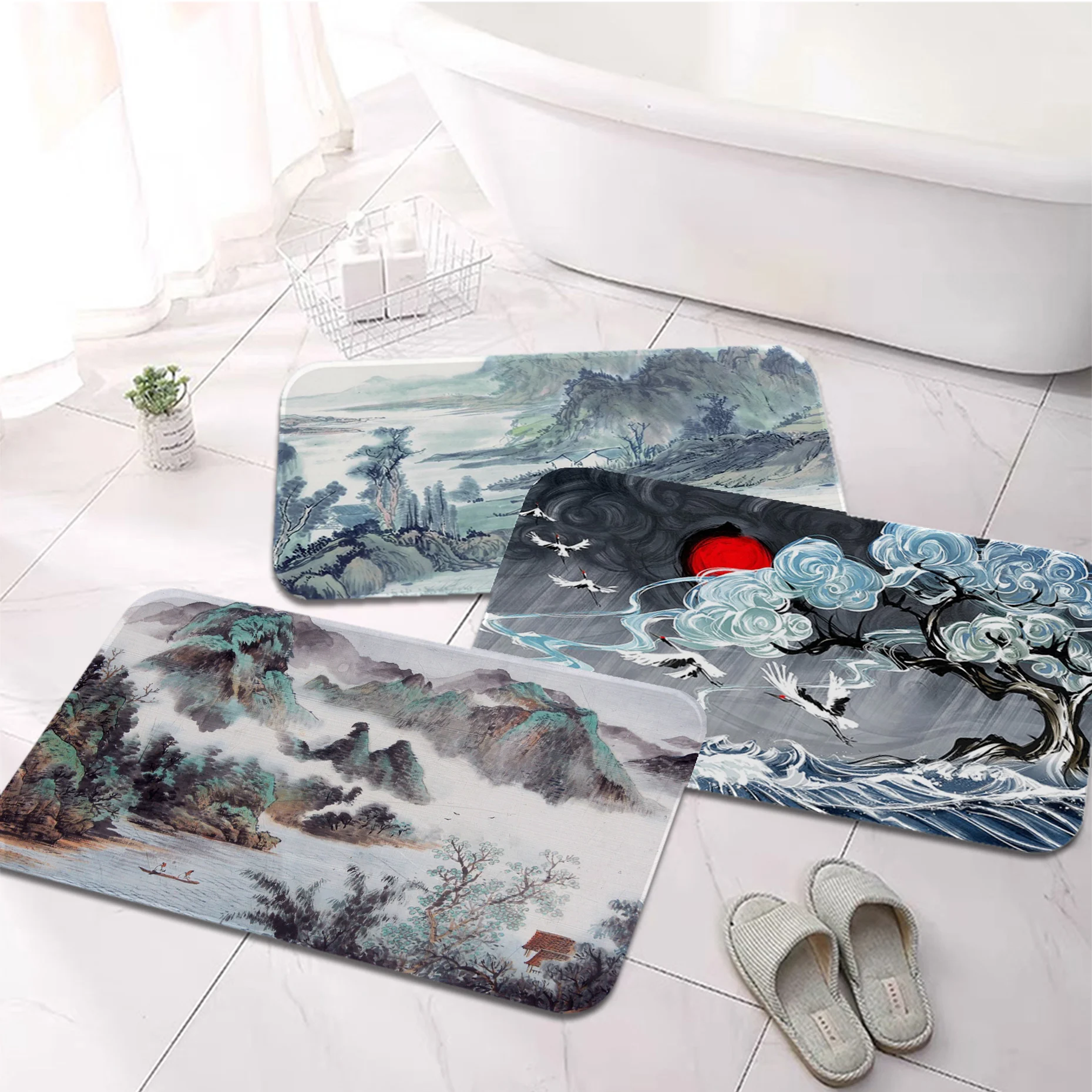 

Chinese Style Back And White Ink Kitchen Mat Non-Slip Laundry Room Mat Laundry Decor Balcony Child Living Room Welcome Rug