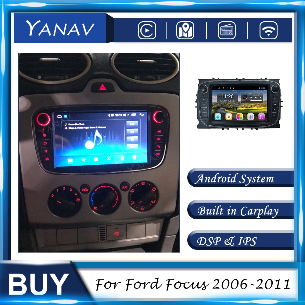 

Автомагнитола, аудио, Android, GPS-навигация для Ford Focus 2006-2011, автомобильный стереоприемник, Мультимедийный MP3-плеер с головным устройством Carplay