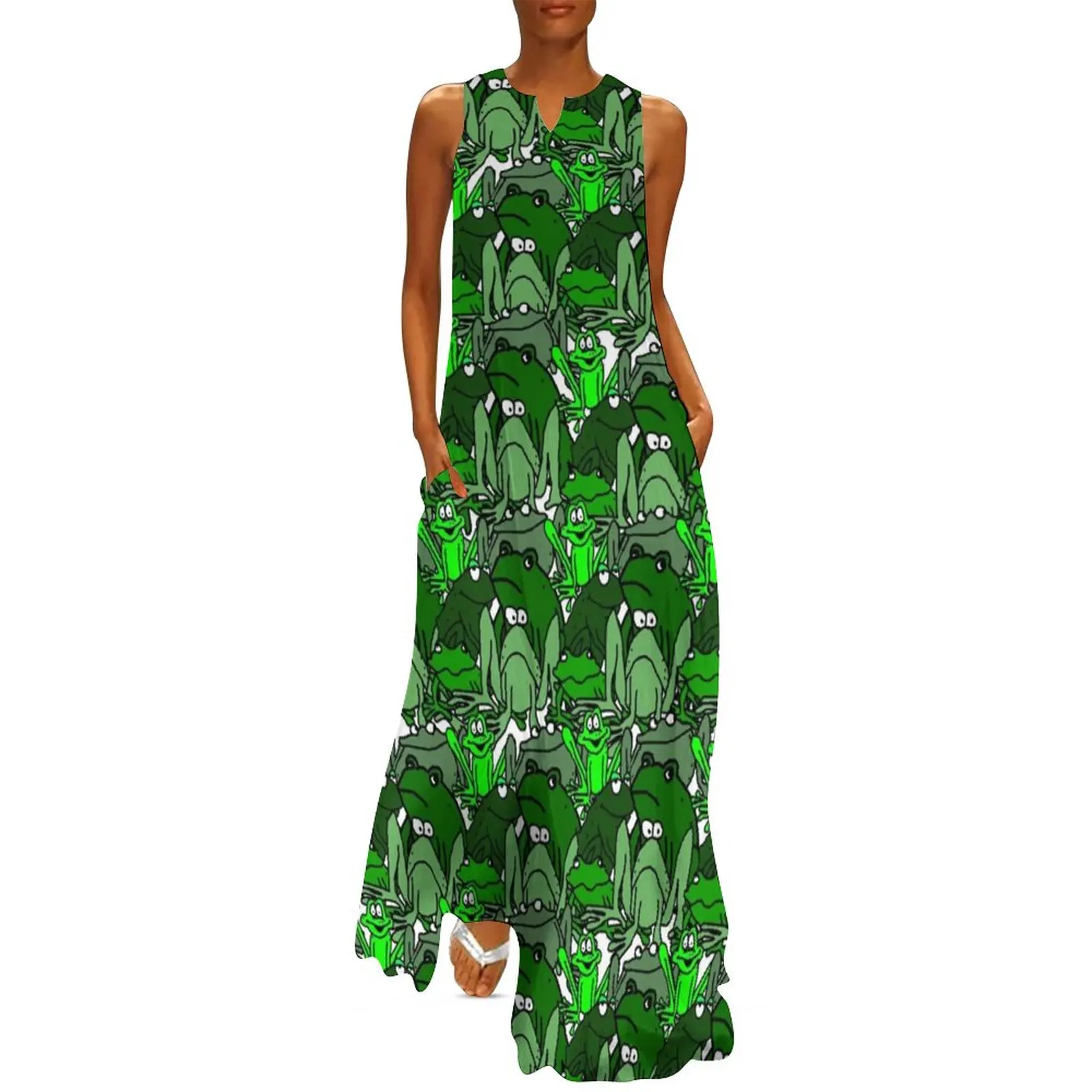 

Frog Cartoon Dress Funny Many Frogs Green Pattern Elegant Maxi Dress Aesthetic Casual Long Dresses Sleeveless Custom Clothes