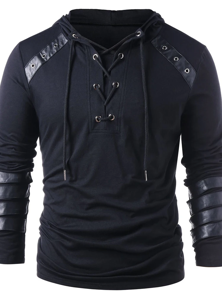 

Retro Solid Bandage Hoodie Men's Spring Fall Casual Long-sleeve Personality Lace-up Hooded Tops Men Fashion Slim Pullover Hooded
