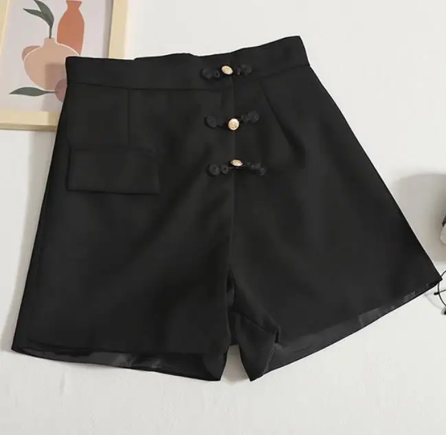 2023 Summer Retro Button Shorts Women High Waist Wide Leg