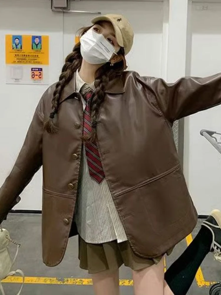 Весенняя модная новая женская кожаная куртка с откидным воротником однобортное