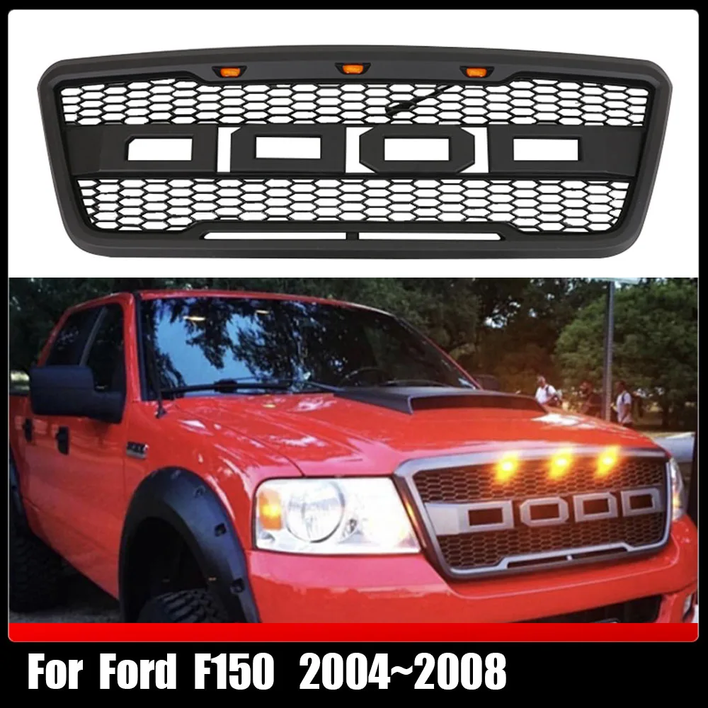 

Modified Raptor Style Grey ABS Front Grill Bumper Hood Mesh Grille with Amber LED Lights And+Letters For Ford F150 2004-2008
