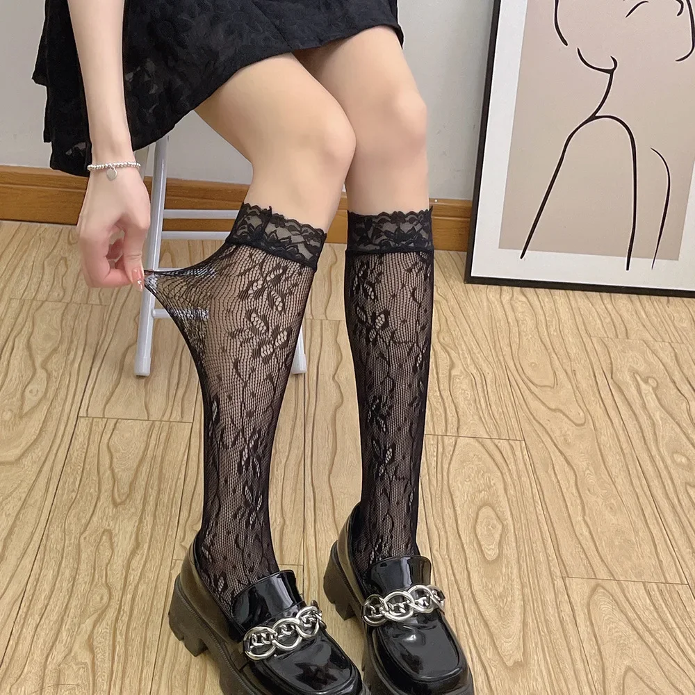 

Черные сексуальные кружевные сетчатые чулки, милая Лолита для девочек, длинные чулки, женские цветочные Ажурные кружевные Гольфы с оборками