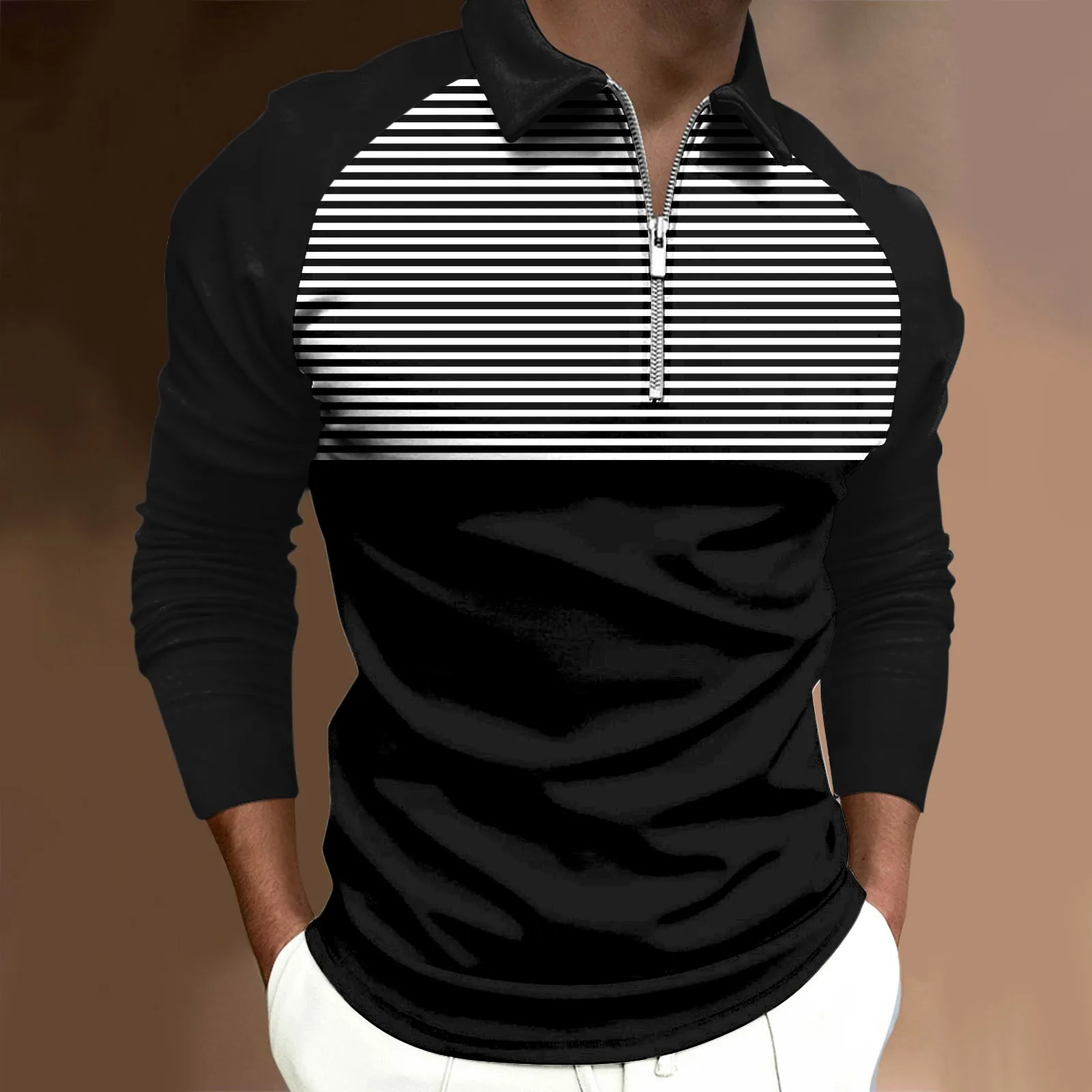 Tie Mens T Shirts Mens Fashion Casual Sports Digital Print Lapel Raglan Zipper Long Sleeve Top Cotton Shirts Fir Men