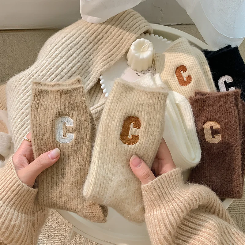 

Шерстяные носки с буквами C, детские носки средней длины, осенне-зимние плюшевые утепленные теплые носки