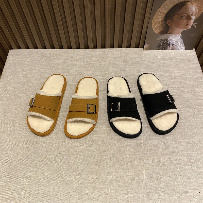 

Fashion Metal Buckle Flat Bottom Shoes Women 2022 Autumn New All-match Comfortable One Word Plush Fleece Slippers 35-40 Size