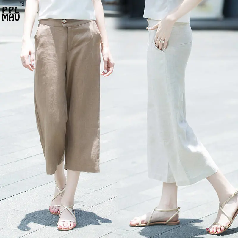 High Waist Women Loose Straight Calf-Length Pants Plus Size 4XL Breathable Short Pant Summer Casual Linen Wide Leg Pants