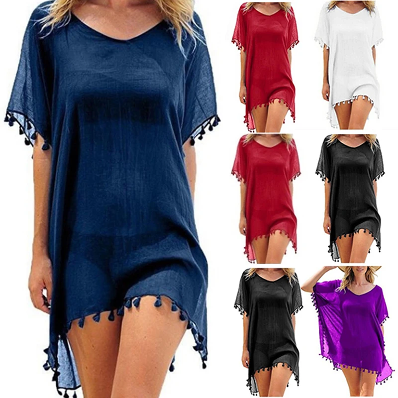 

Chiffon Bikini Cover Up Beach Dress Blouse Bathing Sexy Slim Loose White Laces Top Cloak Short Tunic