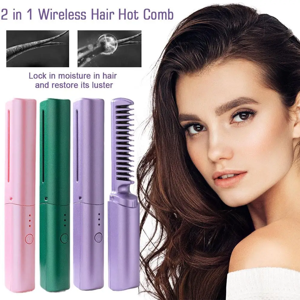 

2 In 1 Wireless Hair Hot Comb Mini Usb Charging Straightener Hair Heating Tools Portable Hair Fast Styling Ion Care Negativ C6S5