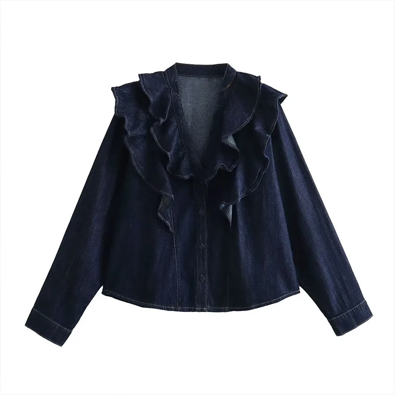 

Autumn women's Denim Shirt Jacket Coat 2023 New Casual Cascade Decoration Single-Breasted Long-Sleeved Short Denim Outwear