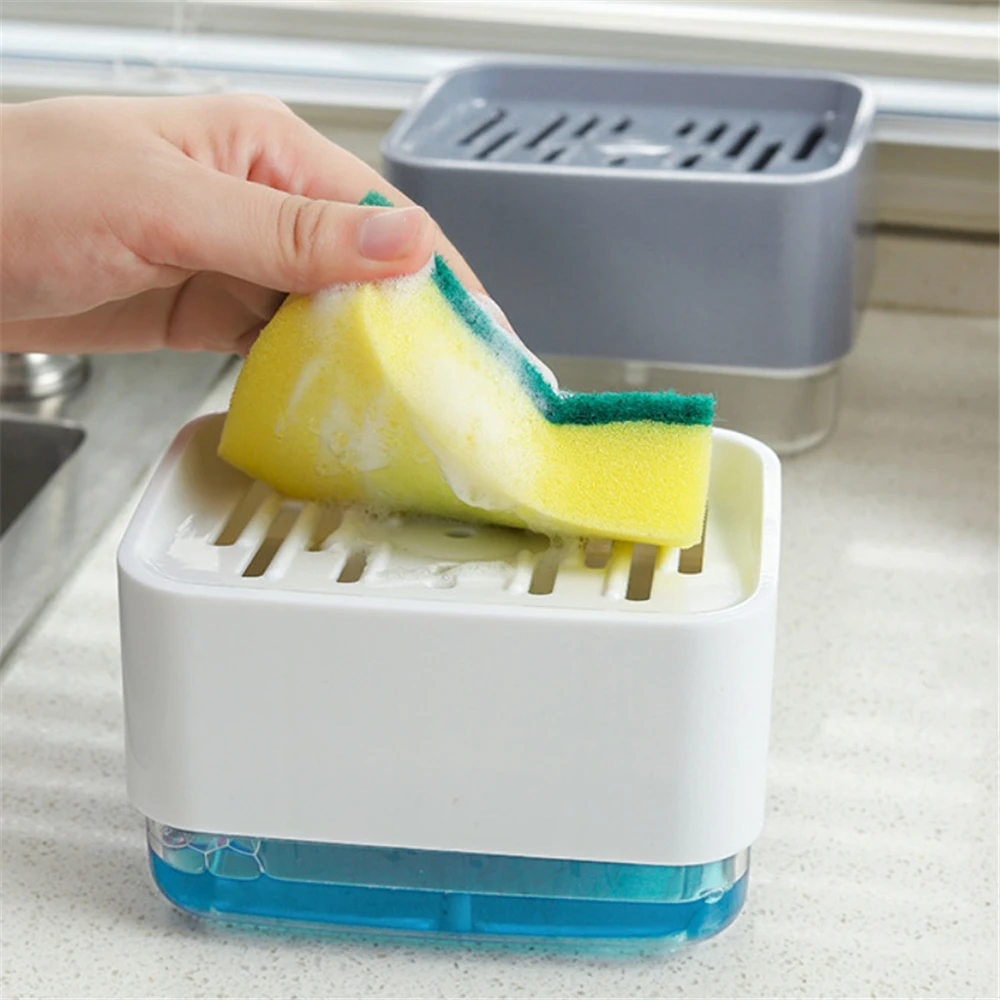 

Soap Dispenser with Sponge Holder Cleaning Liquid Pump Dispenser Container Manual Press Home Bathroom Kitchen Clean Accessories