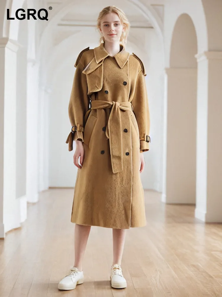 LGRQ модное женское шерстяное пальто цвета хаки с лацканами свободное двубортное