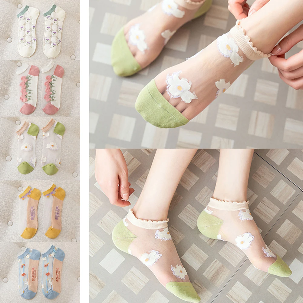 

Breathable Socks Transparent Women Socks Summer New Flower Lace Ankle Socks Soft Silk Thin Transparent Socks Solid Cute Socks