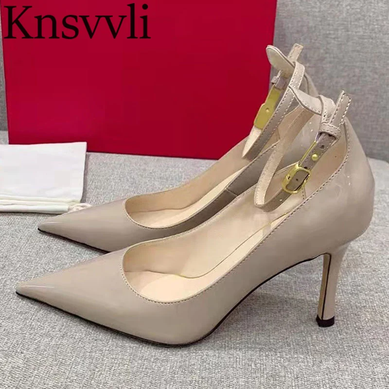 

Туфли-лодочки женские из лакированной кожи, дизайнерские брендовые, заостренный носок, ремешок на щиколотке, обувь для вечеринки, модельные...