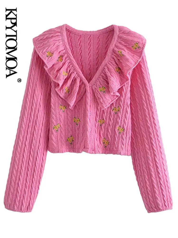 

KPYTOMOA Women Fashion Floral Embroidery Cable-Knit Cardigan Sweater Vintage Long Sleeve Ruffled Female Outerwear Chic Tops