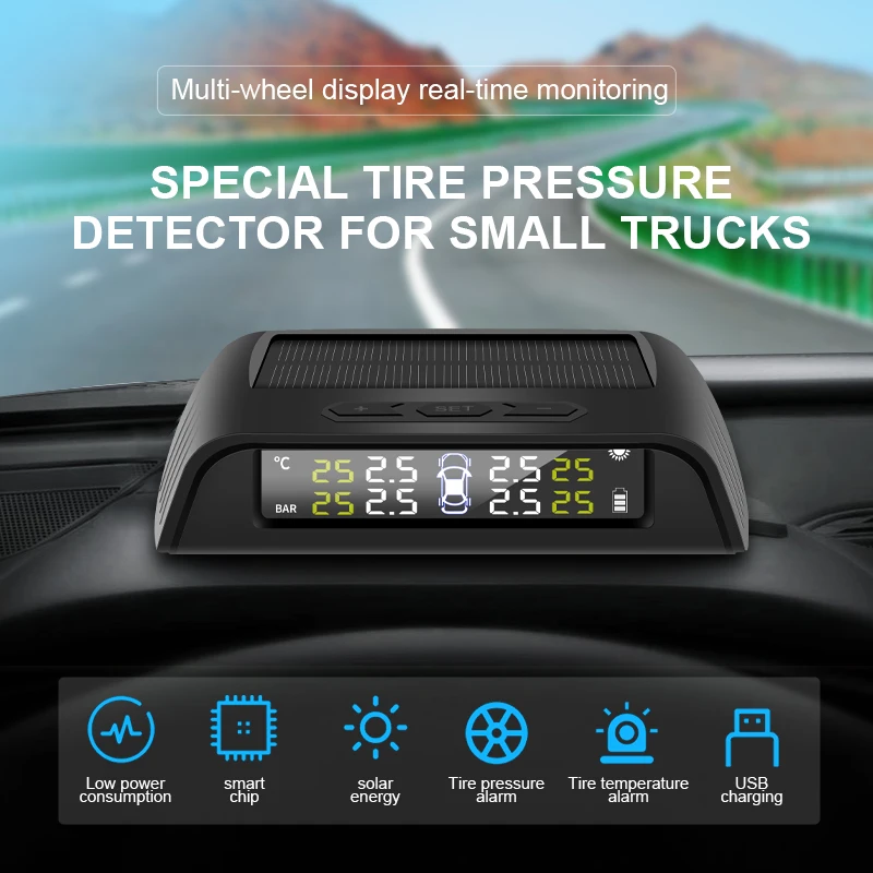 

Car Truck TPMS Tire Pressure Auto Display Monitoring System Solar Power USB Charging Temperature Alert With 6 External Sensors