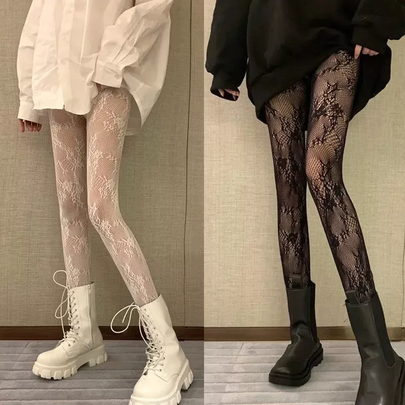 Lolita Hollowed Out Lace Mesh Stockings Bottomed Pantyhose Japanese Lolita Retro Floral Rattan White Stocking Hot Tights