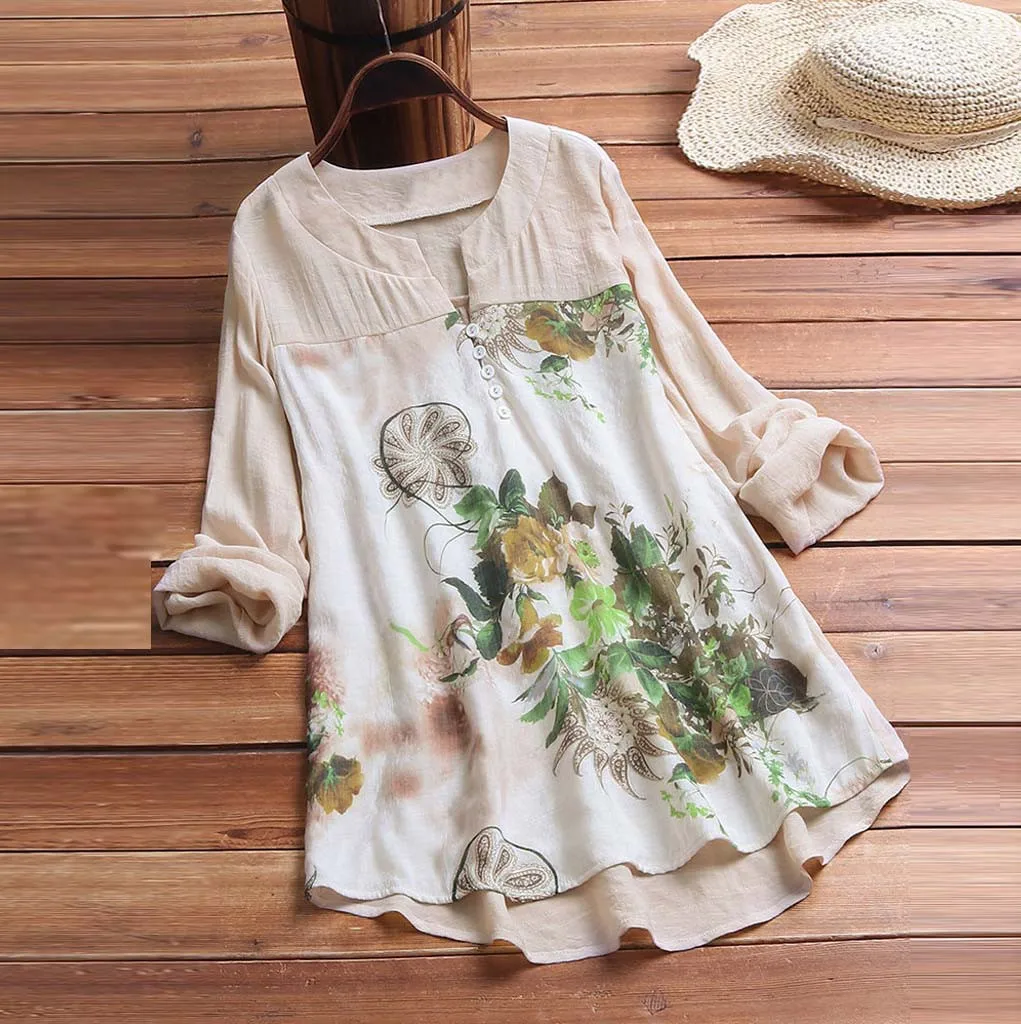 Vintage Summer Tshirt For Women Cotton Linen V-Neck Tee Shirt 90s Floral Print Long Sleeves Top T-Shirt Plus Size Blusa feminina
