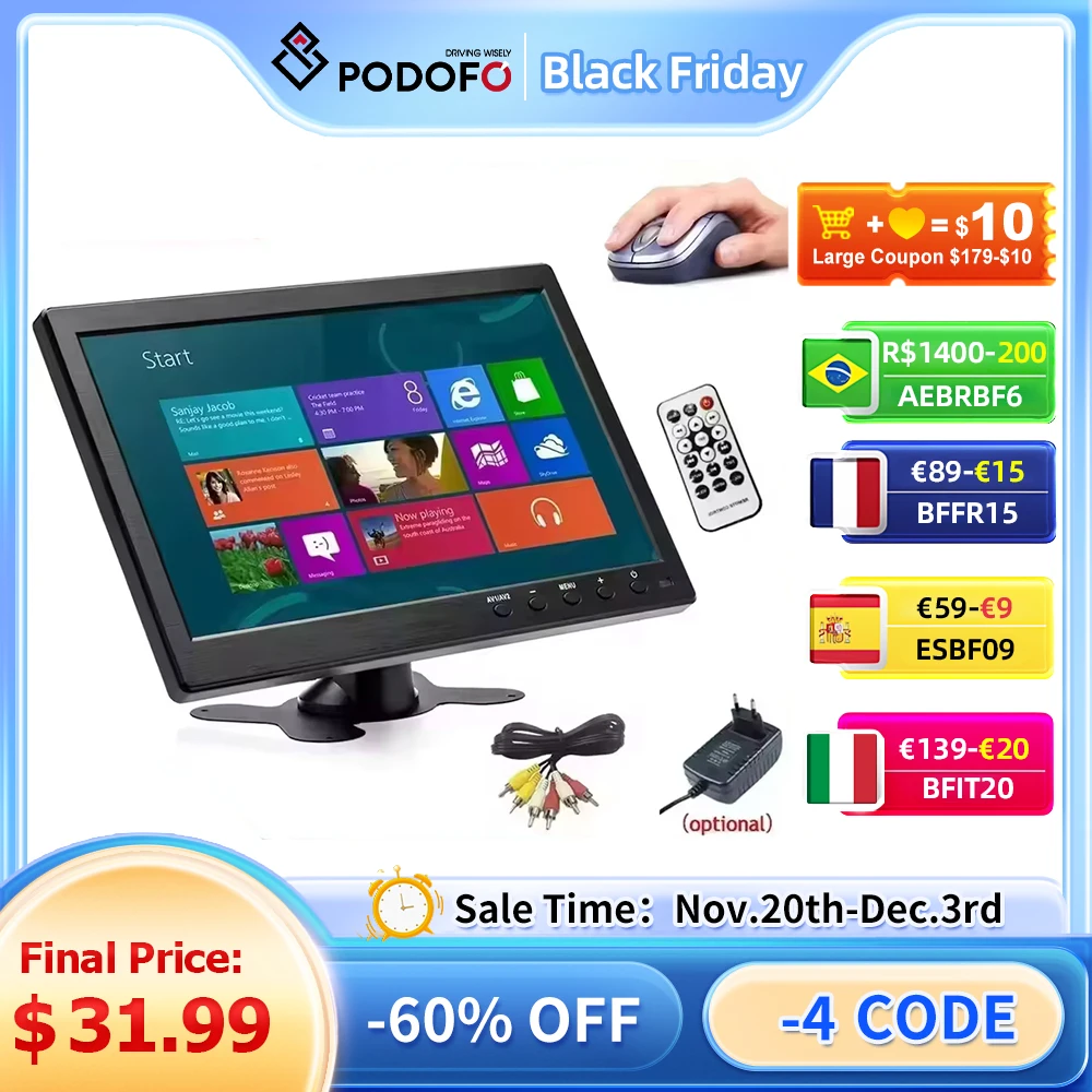 

Podofo 10,1-дюймовый автомобильный монитор с HDMI VGA для телевизора и компьютера, цветной ЖК-экран, автомобильная резервная камера и система домашней безопасности