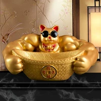 creative abstract golden muscle cat storage box cartoon animal sculpture figurines resin muscle arm lucky cat home decoration