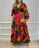 womens dress elegant long printed v neck lantern sleeve dress 2022 springsummer new casual womens clothing