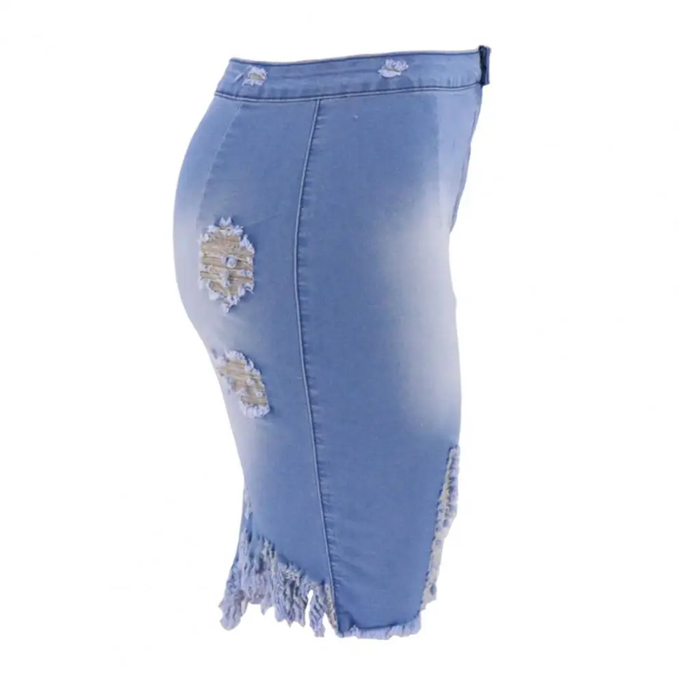 

Lightweight Simple Trendy Distressed Asymmetric Hem Bodycon Skirt Versatile Pencil Skirt Ripped Hole Female Clothing